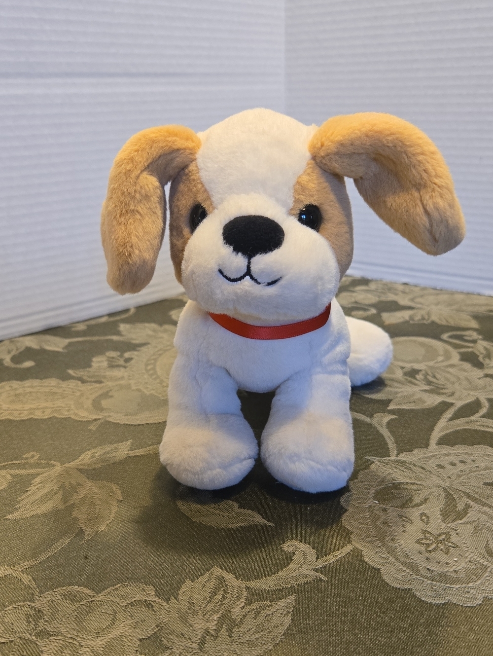 Cute White and Tan Plush Puppy with Red Collar - Soft Stuffed Animal